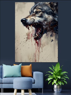 Artmeg Kükreyen Vahşi Kurt Sanatsal Çizim Dekoratif Kanvas - Mdf Ahşap Tablo