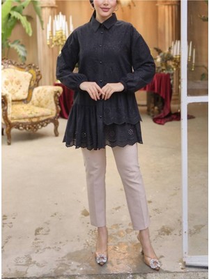 Modamorfo Fırfır ve Fisto Detaylı Inci Düğmeli Gömlek -Siyah