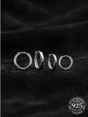 Roza Silver 925 Ayar Gümüş Rodyum Kaplama Unisex Halka Küpe Seti - 2'li Çift