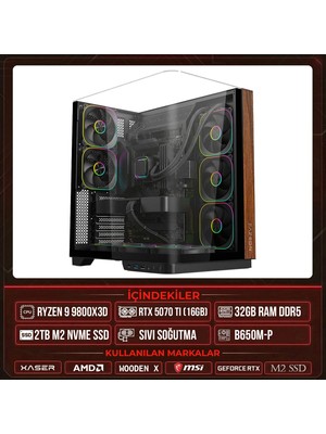 Xaser Wooden X190 Ryzen 7 9800X3D 32GB Ddr5 Ram 2tb M.2 Nvme SSD 16GB RTX5070 Ti Sıvı Soğutmalı Masaüstü Oyuncu Oem Bilgisayar