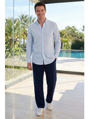 Tudors Erkek Baggy Fit Geniş Kesim %100 Pamuk Beli Lastikli Yandan Cepli Müslin Lacivert Düz Pantolon