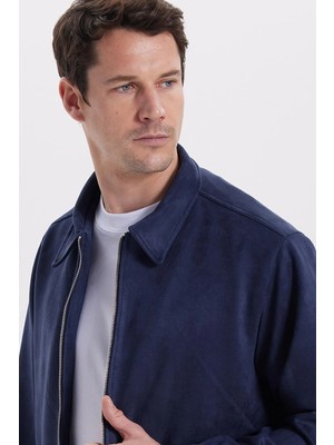 Tudors Erkek Relax Fit Rahat Kesim Süet Fermuarlı Astarlı Cepli Lacivert Kolej Ceket Mont