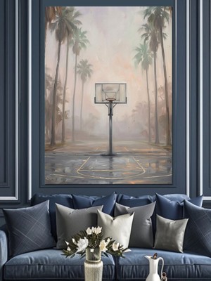 Artmeg Palmiyeli ve Boş Basketbol Sahası Dekoratif Kanvas - Mdf Ahşap Tablo