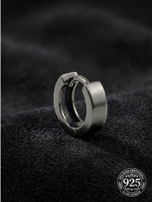 Roza Silver 925 Ayar Gümüş Siyah Rodajlı Yuvarlak Erkek Huggie Halka Küpe - Tek (4X11MM)