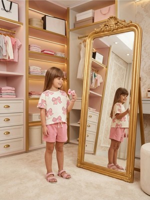 Alyakids Kız Çocuk %100 Pamuklu Desenli Çocuk Takım - Rahat Kesim Yazlık Penye Şort T-Shirt Seti