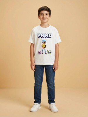 Alyakids Erkek Çocuk Pkxd Oyun Karakter Desenli %100 Pamuklu Oversize Beyaz Tişört