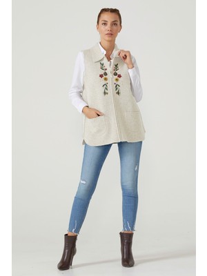 Sementa Kadın Fermuarlı Triko Yelek - Açık Bej
