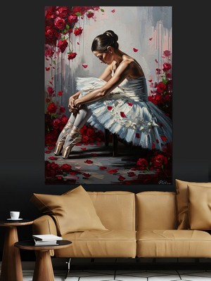 Artmeg Kırmızı Güller Arasında Balerin Kadın Dekoratif Kanvas - Mdf Ahşap Tablo