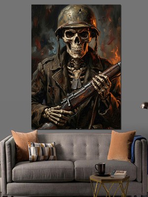 Artmeg Savaş Miğferi Takmış Kurukafa Asker Dekoratif Kanvas - Mdf Ahşap Tablo