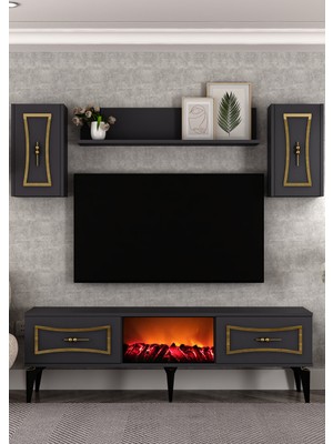 Cantek Dizayn TV0062-0062-TXA150-32 Şömineli Tv Ünitesi Takımı Antrasit-Altın
