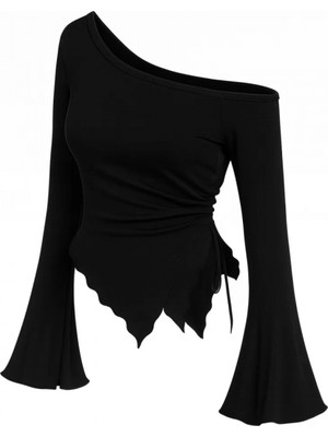 Marsilyan Kadın Siyah Uzun Ispanyol Kollu Asimetirik Yaka Yandan Bağlamalı Drapeli Bluz