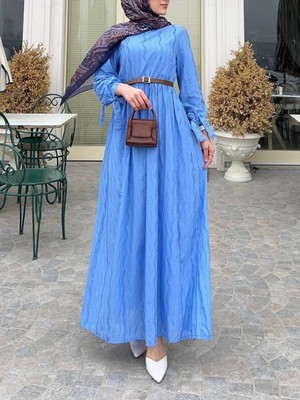 Moda Morfo Belden lastikli Maşeti Bağcıklı Elbise (Kemersiz) -Mavi