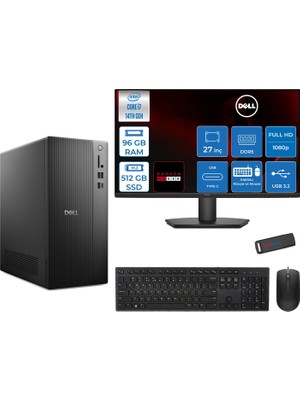 Dell Tower ECT1250 Intel® Core™ İ7-14700 96GB Ddr5 512GB SSD 4GB/RX550 Freedos +27" Monitör Tower Masaüstü Bilgisayar 27RPLSR00727F32+ZETTAUSBBELLEK