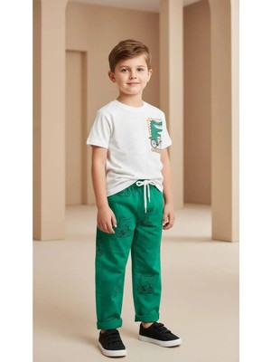 Alyakids Erkek Çocuk Logolu Pamuklu Tişört ve Desenli Keten Pantolon Bayramlık 2\' Li Kombin