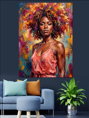 Artmeg Renkli Saçlı Afrikalı Kadın Portresi Dekoratif Kanvas - Mdf Ahşap Tablo
