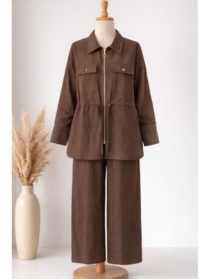 Nirva Butik Modal Kumaş Fermuarlı Bel Bağlamalı Üst & Geniş Paça Pantolon Takım