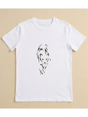 Alza Design Unisex Beyaz Bisiklet Yaka Kabile (Tribal) Kaplan Dövmeli Baskılı Tişört