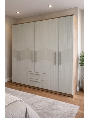 Mobilique Karbon No.5 Altı Kapaklı Iki Çekmeceli 5raflı Gardırop Çam-Vizon