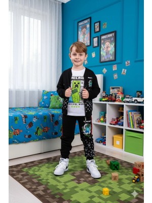 Alyakids Erkek Çocuk 3\'lü Takım Uzun Kollu Sweatshirt Baskılı Fermuarlı Hırka Beli Lastikli Penye Pantolon