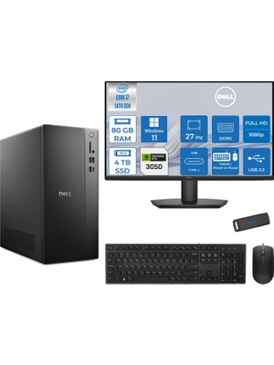 Dell Tower ECT1250 Intel® Core™ İ7-14700 80GB Ddr5 4tb SSD 6GB/RTX3050 WIN11PRO +27" Monitör Tower Masaüstü Bilgisayar 27RPLSR00723P30+ZETTAUSBBELLEK