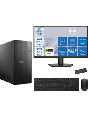 Dell Tower ECT1250 Intel® Core™ İ7-14700 16GB Ddr5 1tb SSD 6GB/RTX3050 Freedos +27" Monitör Tower Masaüstü Bilgisayar 27RPLSR00723F03+ZETTAUSBBELLEK