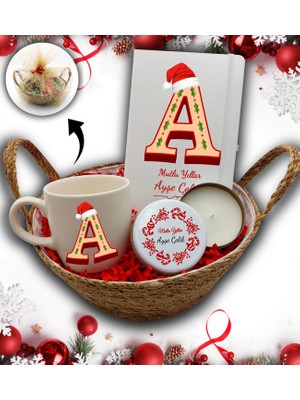 As Gift Hasır Sepetli Kişiye Özel Beyaz Defter & Beyaz Kupa & Metal Kutulu Mum Hediye Seti