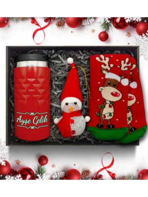 As Gift Yılbaşı Temalı Kişiye Özel Kırmızı Termos & Kardan Adam & Çorap Hediye Seti