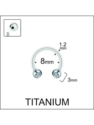 Rupen Kraft %100 G23 Titanyum Çift Taş Kristal Top 3mm x 8mm x 1.2mm Titanyum Halka Piercing