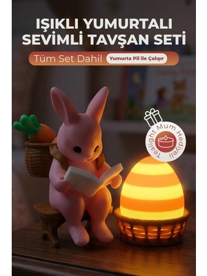 Işıklı Yumurtalı Sevimli Tavşan Figürü - Ledli Dekoratif Masa Süsü