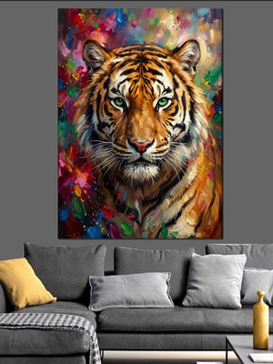 Artmeg Renkli Boyalarla Kaplanmış Kaplan Yüzü Dekoratif Kanvas - Mdf Ahşap Tablo