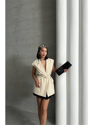 Neşeli Butik Kadın Salaş Kemerli Kolsuz Blazer Ceket NBG076