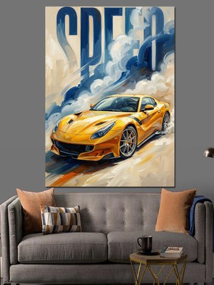 Artmeg Hızla Ilerleyen Sarı Spor Araba Dekoratif Kanvas - Mdf Ahşap Tablo