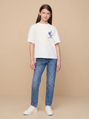 Alyakids Kız Çocuk Stitch Karakterli %100 Pamuklu Rahat Kalıp Beyaz Tişört