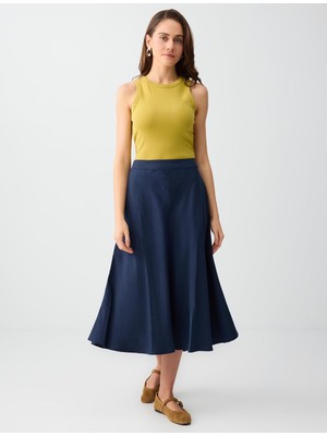 Jimmy Key Lacivert Rahat Kesim Cep Detaylı Normal Bel Midi Etek