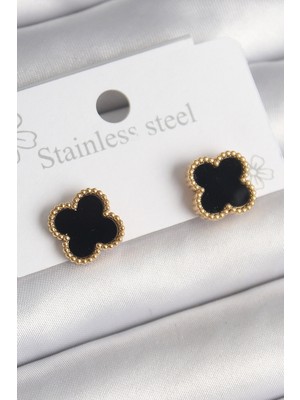 Evyora 316L Çelik Gold Renk Siyah Yonca Model Kadın Küpe