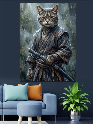 Artmeg Kılıç Tutan Savaşçı Kedi Illüstrasyonu Dekoratif Kanvas - Mdf Ahşap Tablo