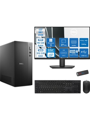 Dell Tower ECT1250 Intel® Core™ İ7-14700 96GB Ddr5 512GB SSD Intel® UHD Graphics 770 WIN11PRO +27" Monitör Tower Masaüstü Bilgisayar 27RPLSR007P32+ZETTAUSBBELLEK