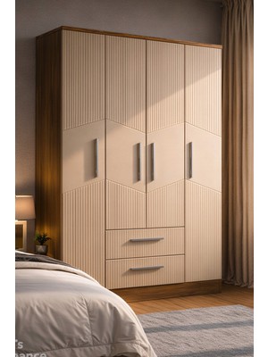 Mobilique Karbon No.3 Dört Kapaklı Iki Çekmeceli 10RAFLI Gardırop Çam-Vizon