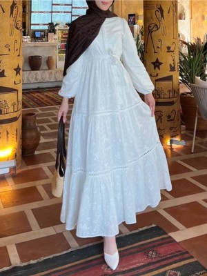 Moda Morfo Eteği fırfırlı Dantel Şerit Detaylı Elbise -Beyaz