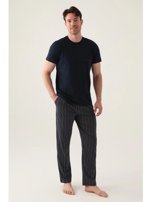 Derya Kurşun Bisiklet Yaka Kısa Kol Çizgili Erkek Pijama Takım 3011