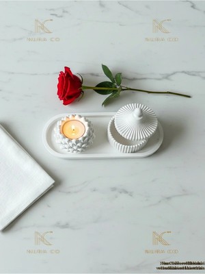 Nura Co 3'lü Dekoratif Set Kozalak Mumluk & Nervürlü Kapaklı Kutu & Oval Tepsi El Yapımı Ev Dekor Hediyelik