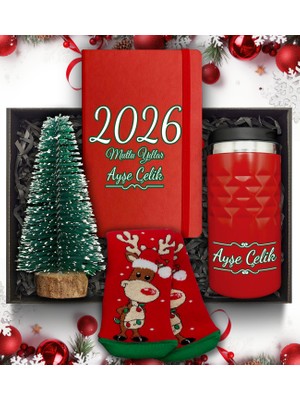 As Gift Yılbaşı Temalı Kişiye Özel Kırmızı Termos & Çam Ağacı  & Defter & Çorap Hediye Seti