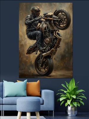Artmeg Tek Teker Üzerinde Motosiklet Akrobasi Dekoratif Kanvas - Mdf Ahşap Tablo