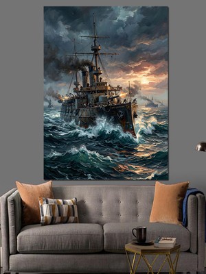 Artmeg Fırtınalı Denizde Savaşan Zırhlı Gemi Dekoratif Kanvas - Mdf Ahşap Tablo