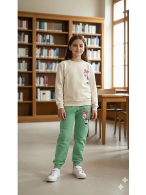 Alyakids Kız Çocuk Takım Kuromi Tasarım Baskılı Şardonlu Sıcak Tutan Pamuklu Eşofman Takımı