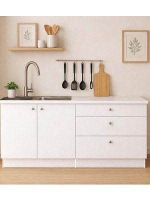 T Designo Barkın Alt Modül-Çok Amaçlı Dolap -160 cm -2 Kapaklı-3 Çekmeceli-Laminat Beyaz Tezgah Dahil