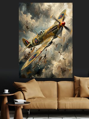 Artmeg Bulutlar Arasında Savaş Uçağı Illüstrasyonu Dekoratif Kanvas - Mdf Ahşap Tablo