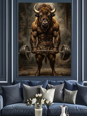 Artmeg Halter Kaldıran Güçlü Boğa Figürü Dekoratif Kanvas - Mdf Ahşap Tablo