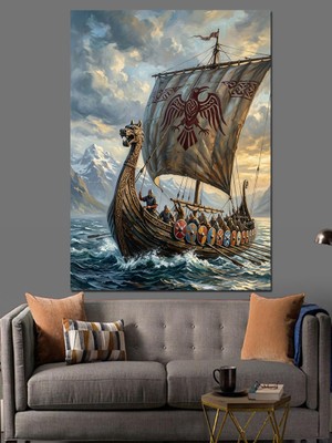 Artmeg Dalgalı Denizde Viking Savaş Gemisi Dekoratif Kanvas - Mdf Ahşap Tablo