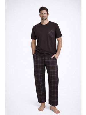 Koza İç Giyim Erkek Pamuklu Kısa Kollu Pijama Takımı Füme Renkli Göğüs Cepli Rahat Üst